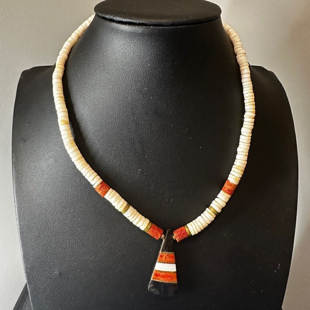 Vintage Heishi Puka Necklace with red coral and shell, 16" necklace! - Picture 2 of 12